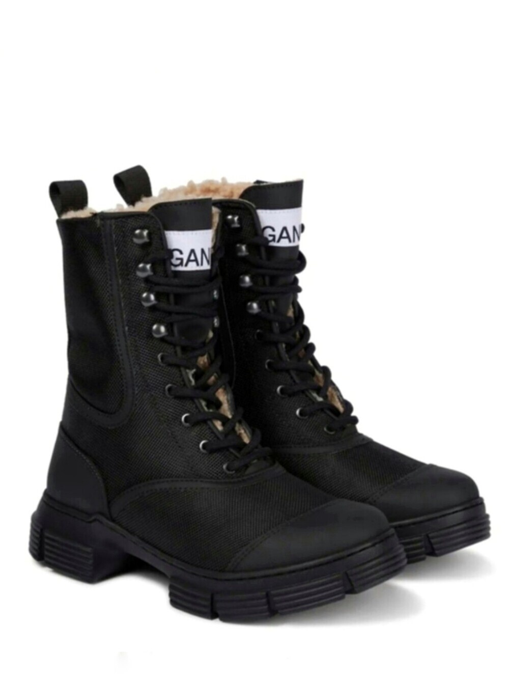 Ganni Lug Sole Shearling Combat Boots Black Chunky Lace Up EU 41 US 11